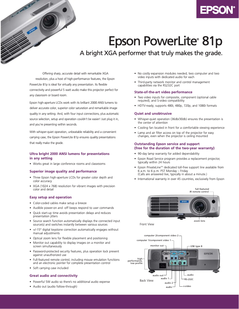 Page 1 de la notice Brochure Epson PowerLite 81p
