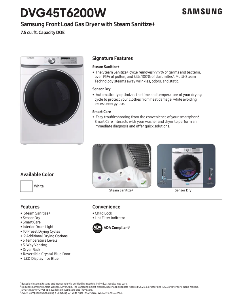 Page 1 de la notice Fiche technique Samsung DVG45T6200W