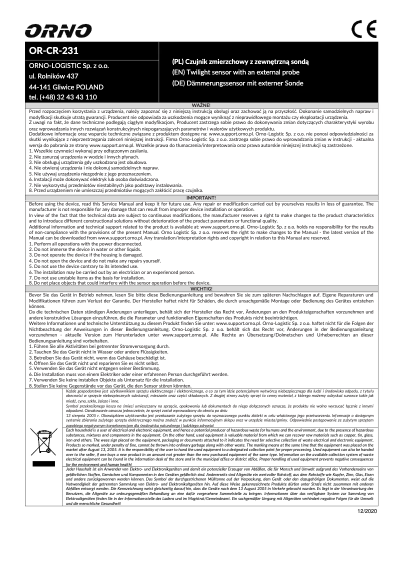Page 1 de la notice Manuel utilisateur ORNO OR-CR-231