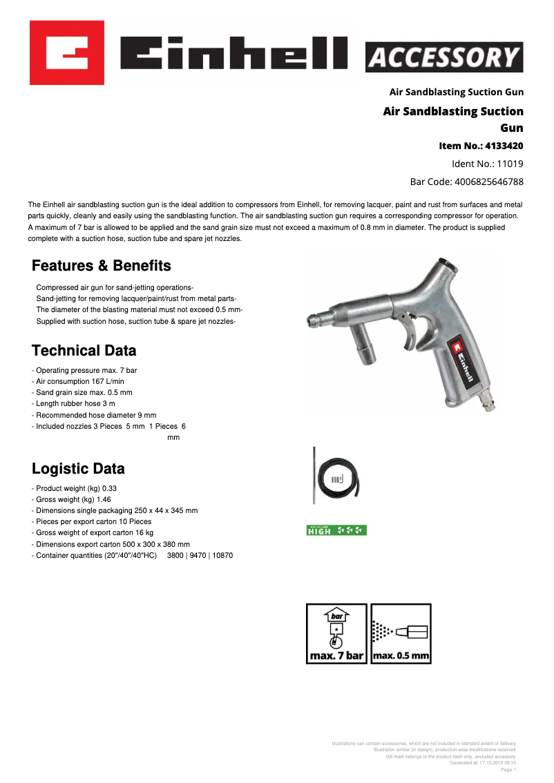 Page 1 de la notice Fiche technique Einhell Air Sandblasting Suction Gun