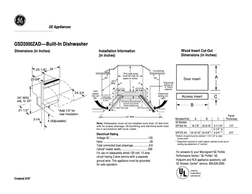 Page 1 de la notice Fiche technique GE GSD2000ZAD