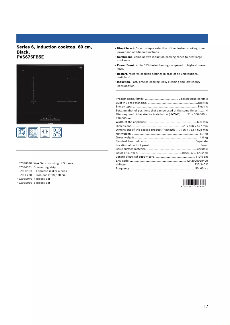 Page 1 de la notice Fiche technique Bosch PVS675FB5E