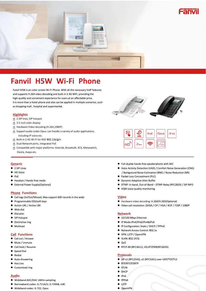 Página 1 del manual Ficha técnica Fanvil H5W