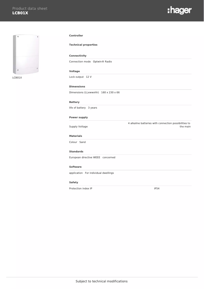 Page 1 de la notice Fiche technique Hager LCB01X