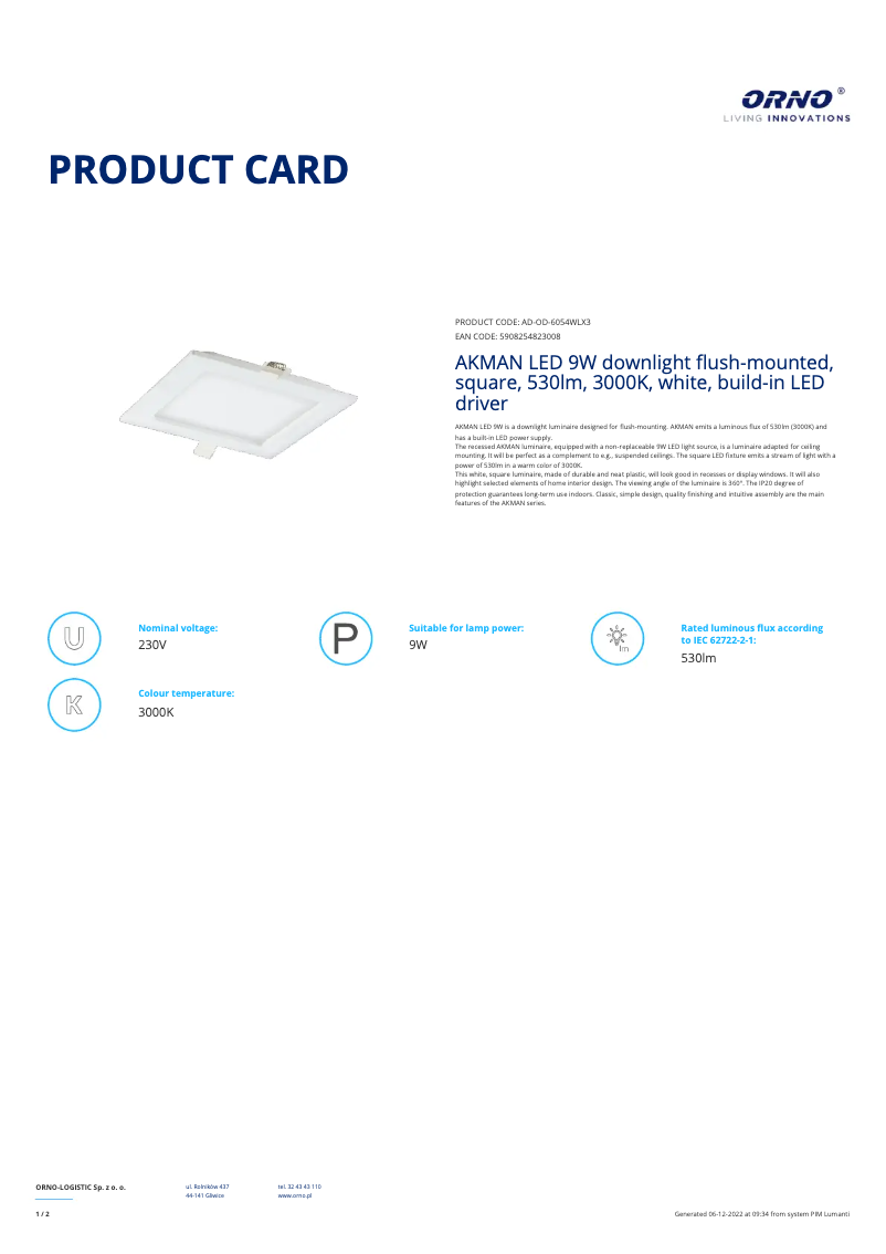 Page n°1 - Fiche technique Adviti AD-OD-6054WLX3