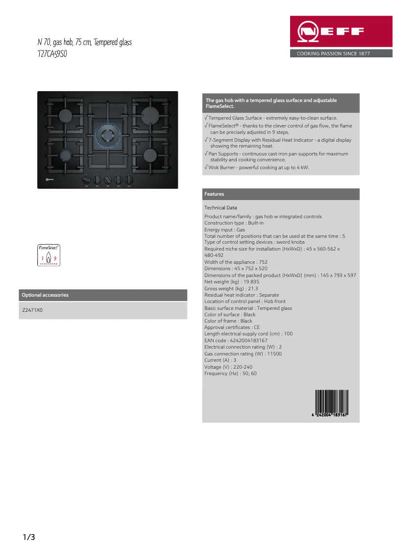 Page 1 de la notice Fiche technique Neff T27CA59S0