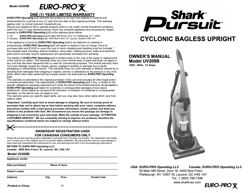 Image de la première page du manuel de l'appareil Pursuit UV209B