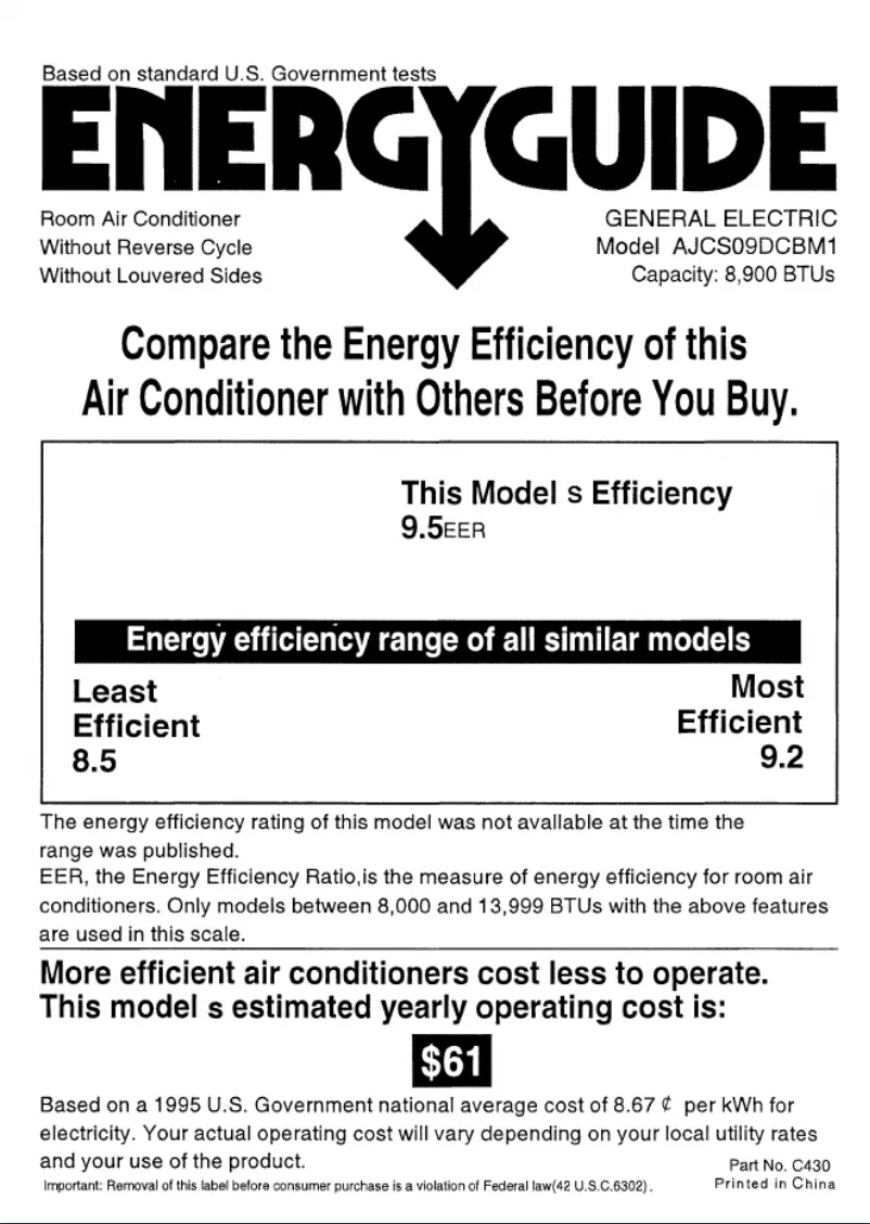 Page 1 of the manual Energy Label GE AJCS09DCB