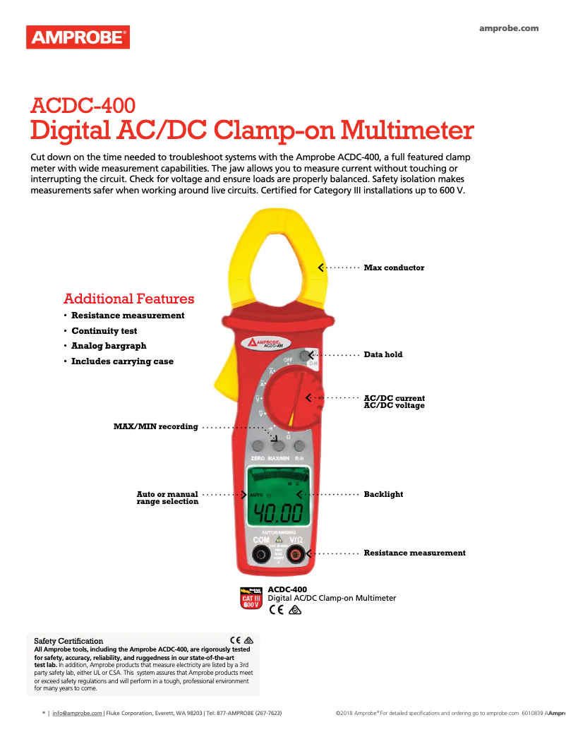 Page 1 de la notice Fiche technique Amprobe ACDC-400