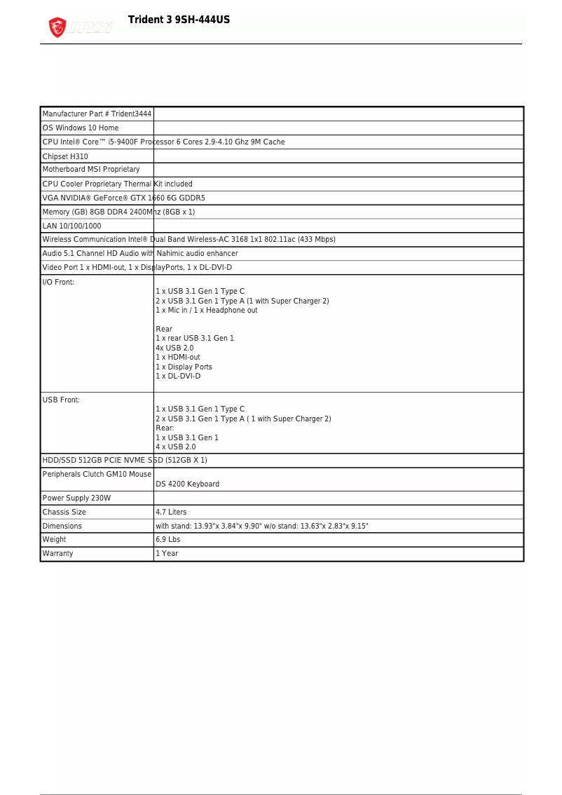 Page 1 de la notice Fiche technique MSI Trident 3