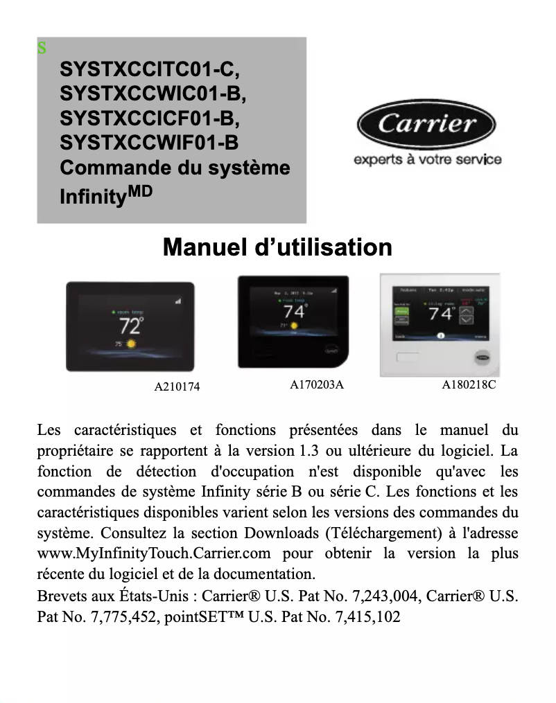 Image de la première page du manuel de l'appareil Infinity SYSTXCCICF01-B