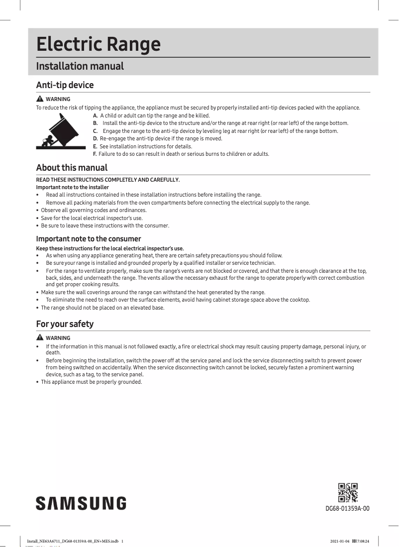 Page 1 de la notice Guide d'installation Samsung NE63A6111SW