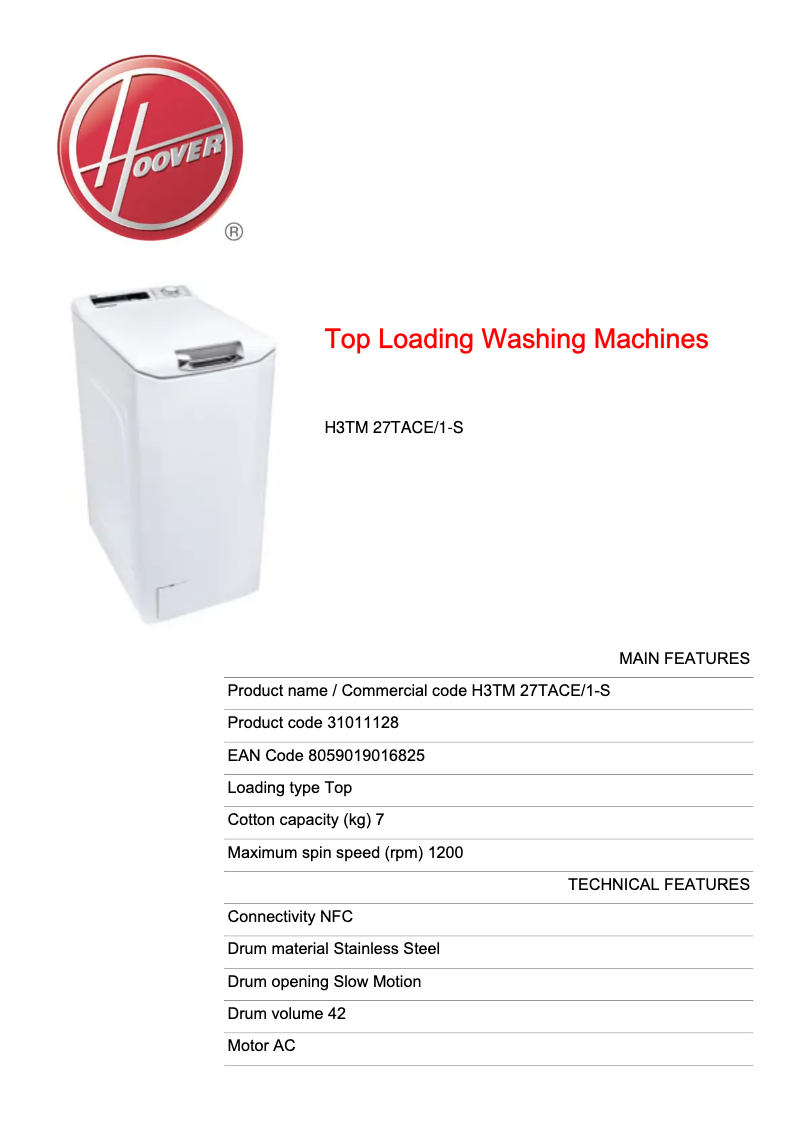 Page 1 de la notice Fiche technique Hoover H3TM 27TACE/1-S