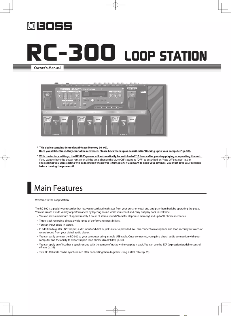 Image de la première page du manuel de l'appareil Loop Station RC-300