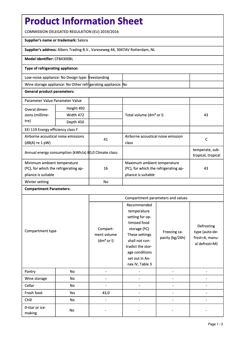 Page 1 de la notice Manuel utilisateur Salora CFB4300BL