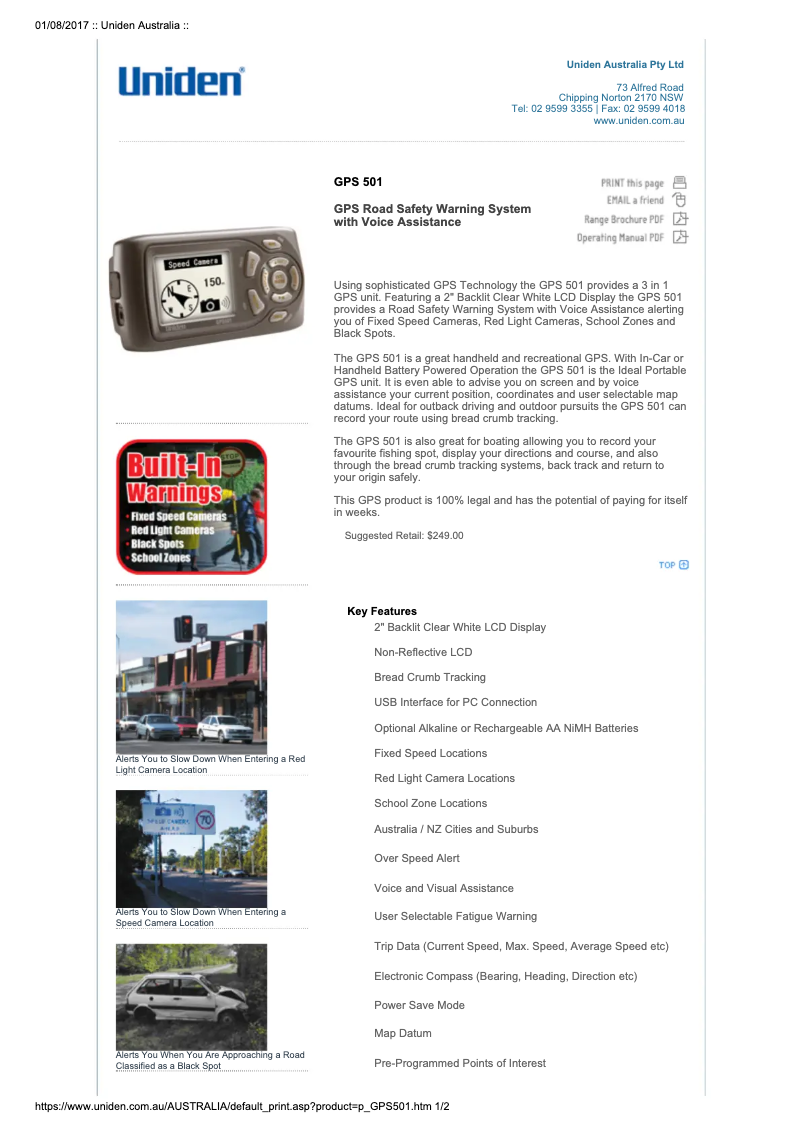 Page 1 de la notice Manuel utilisateur Uniden GPS 501