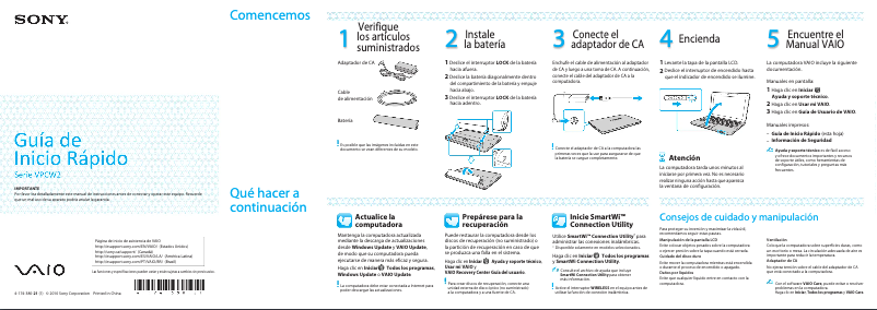 Page 1 de la notice Guide d'installation Sony Vaio VPCW222AX