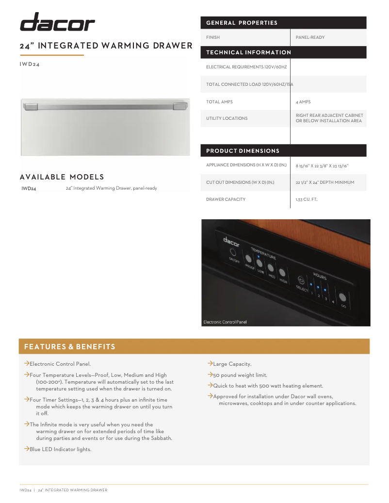 Page 1 de la notice Fiche technique Dacor IWD24