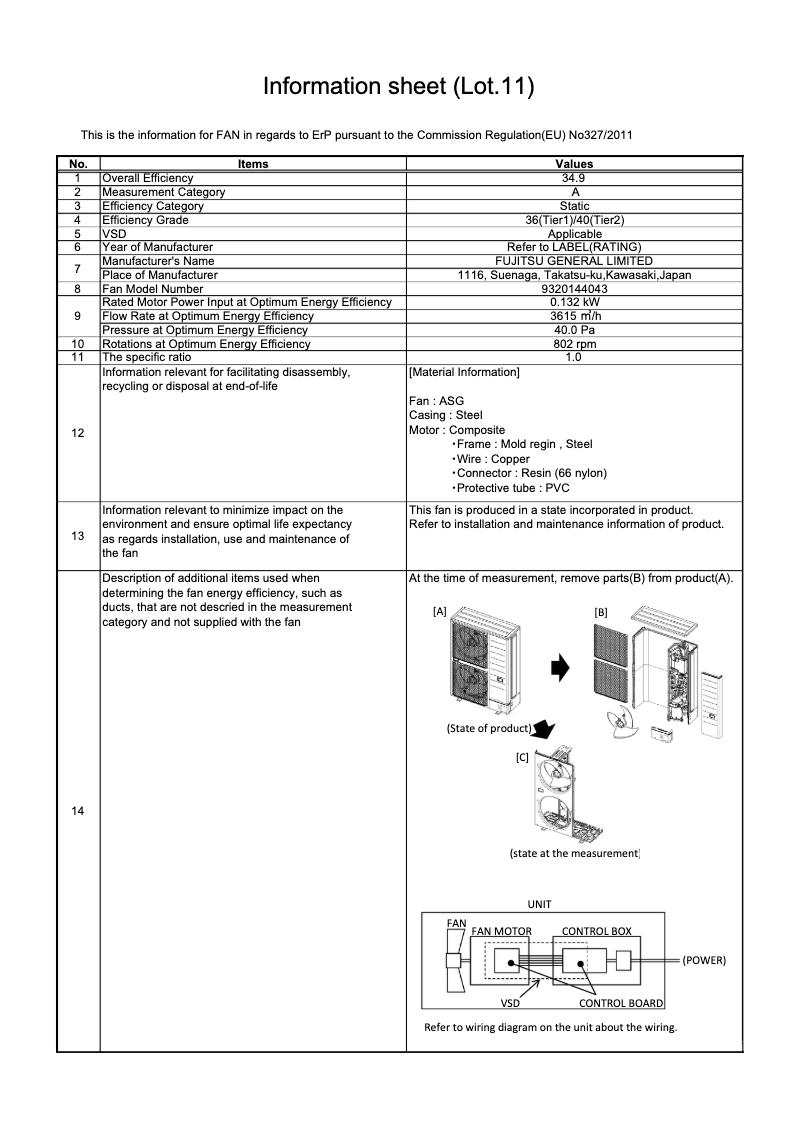 Page 1 de la notice Fiche technique Fujitsu Airstage AJY040LBLAH
