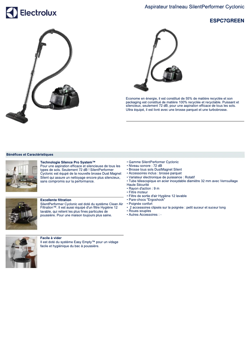 Página 1 del manual Ficha técnica Electrolux Silent Performer Cyclonic