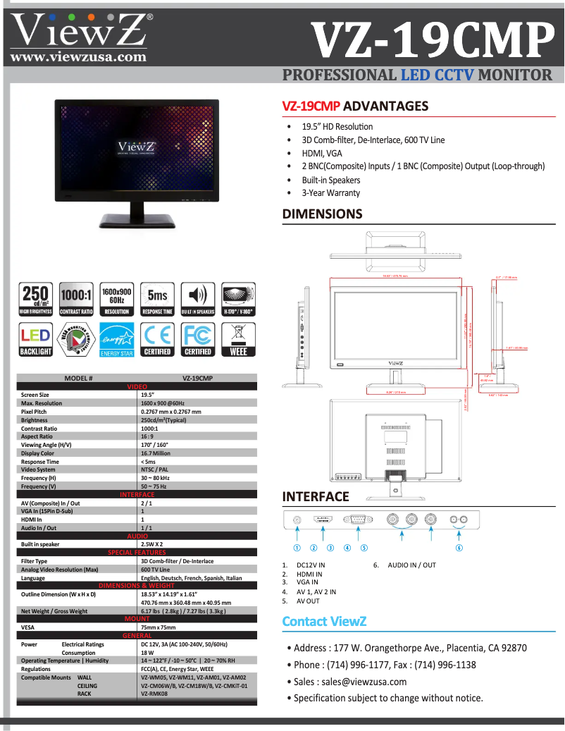 Page 1 de la notice Brochure ViewZ VZ-19CMP