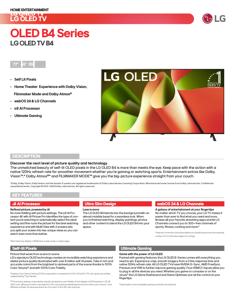 Page 1 de la notice Fiche technique LG OLED65B4PUA