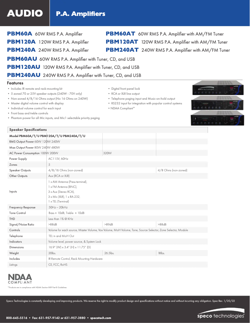 Page n°1 - Fiche technique Speco Technologies PBM240AU