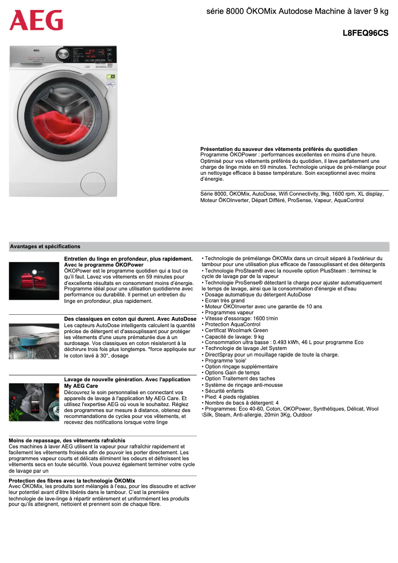 Page n°1 - Fiche technique AEG L8FEQ96CS