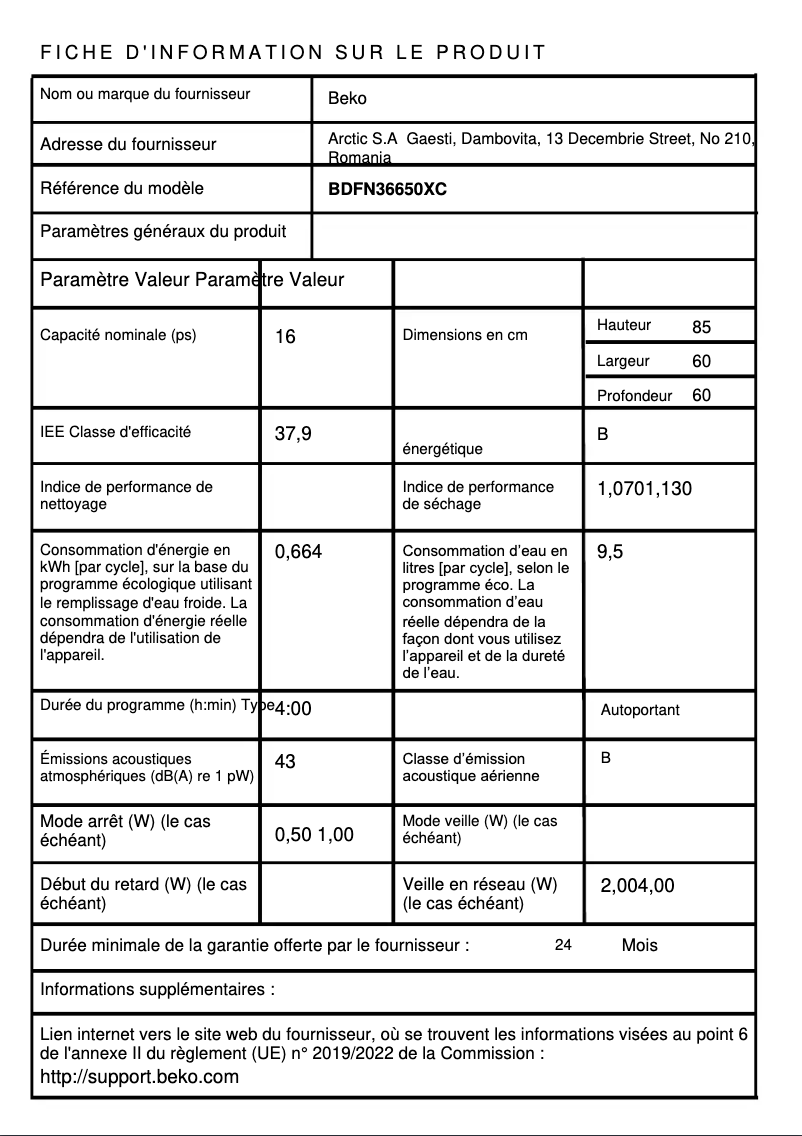 Page 1 de la notice Fiche technique Beko BDFN36650XC