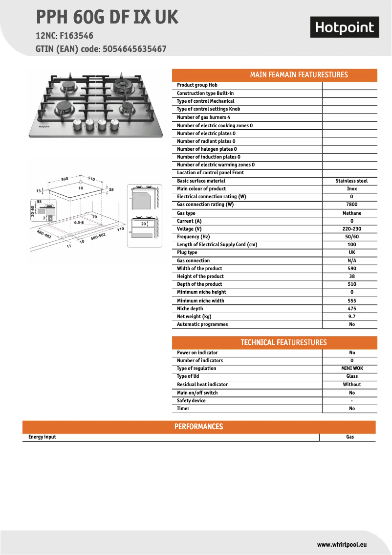Page 1 de la notice Fiche technique Hotpoint PPH 60G DF IX UK
