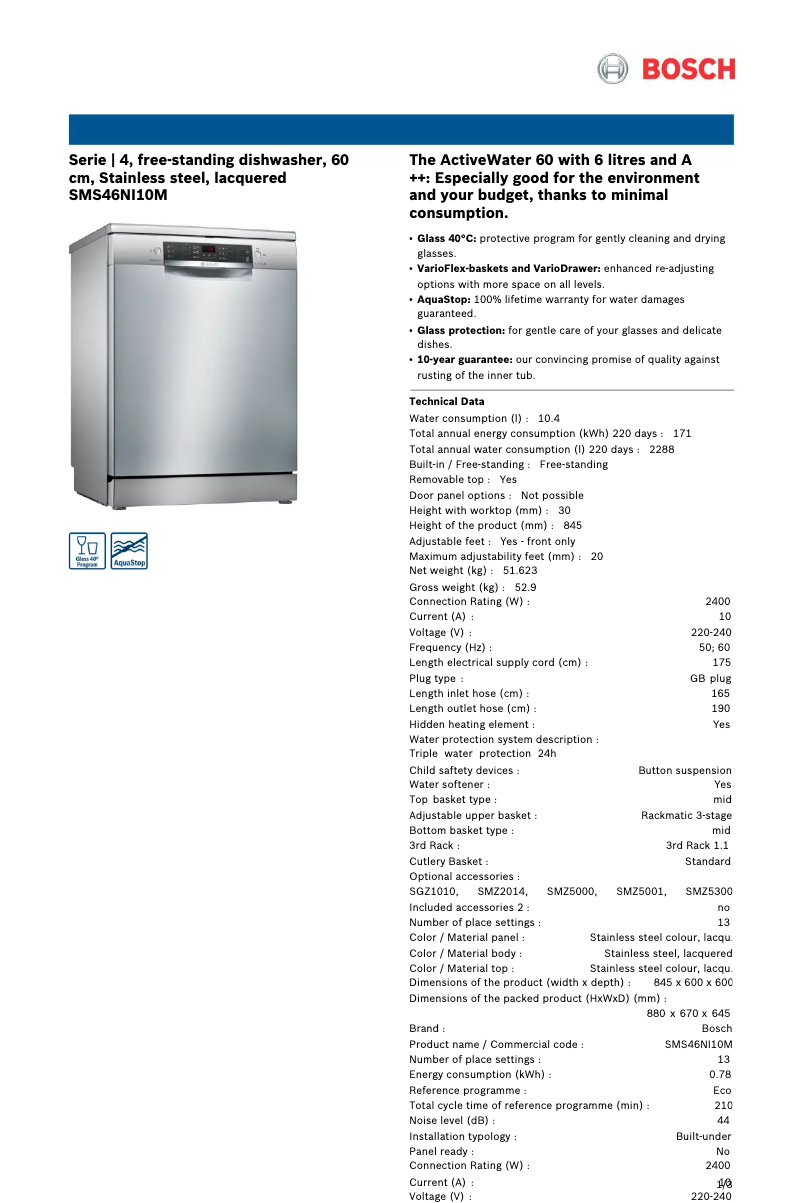 Page 1 de la notice Fiche technique Bosch SMS46NI10M