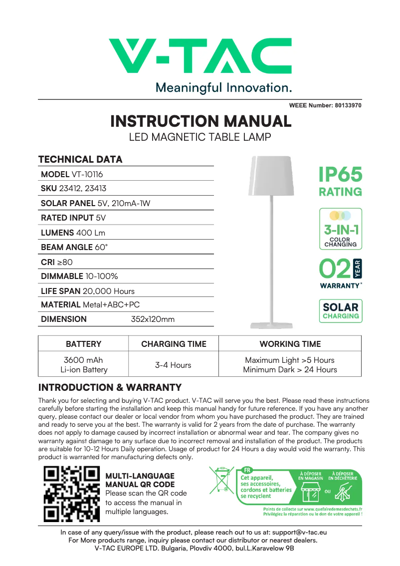 Page 1 de la notice Manuel utilisateur V-TAC VT-10116