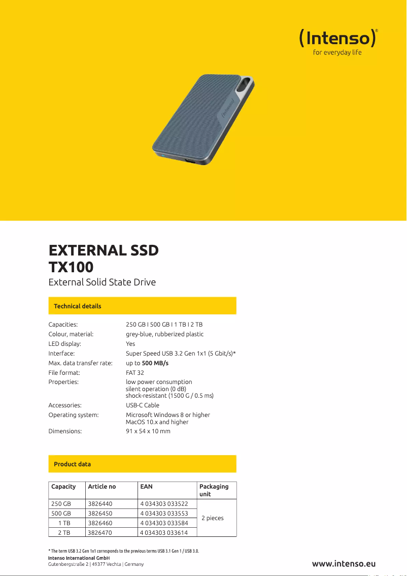 Página 1 del manual Ficha técnica Intenso TX100