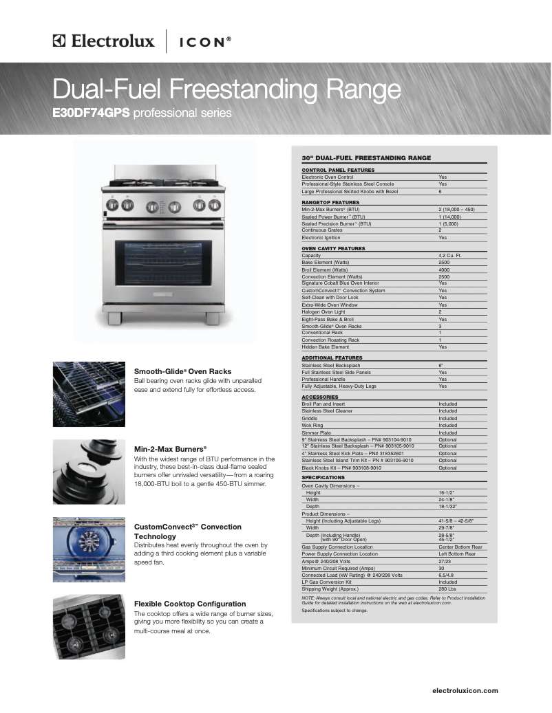 Page 1 de la notice Fiche technique Electrolux E30DF74GPS