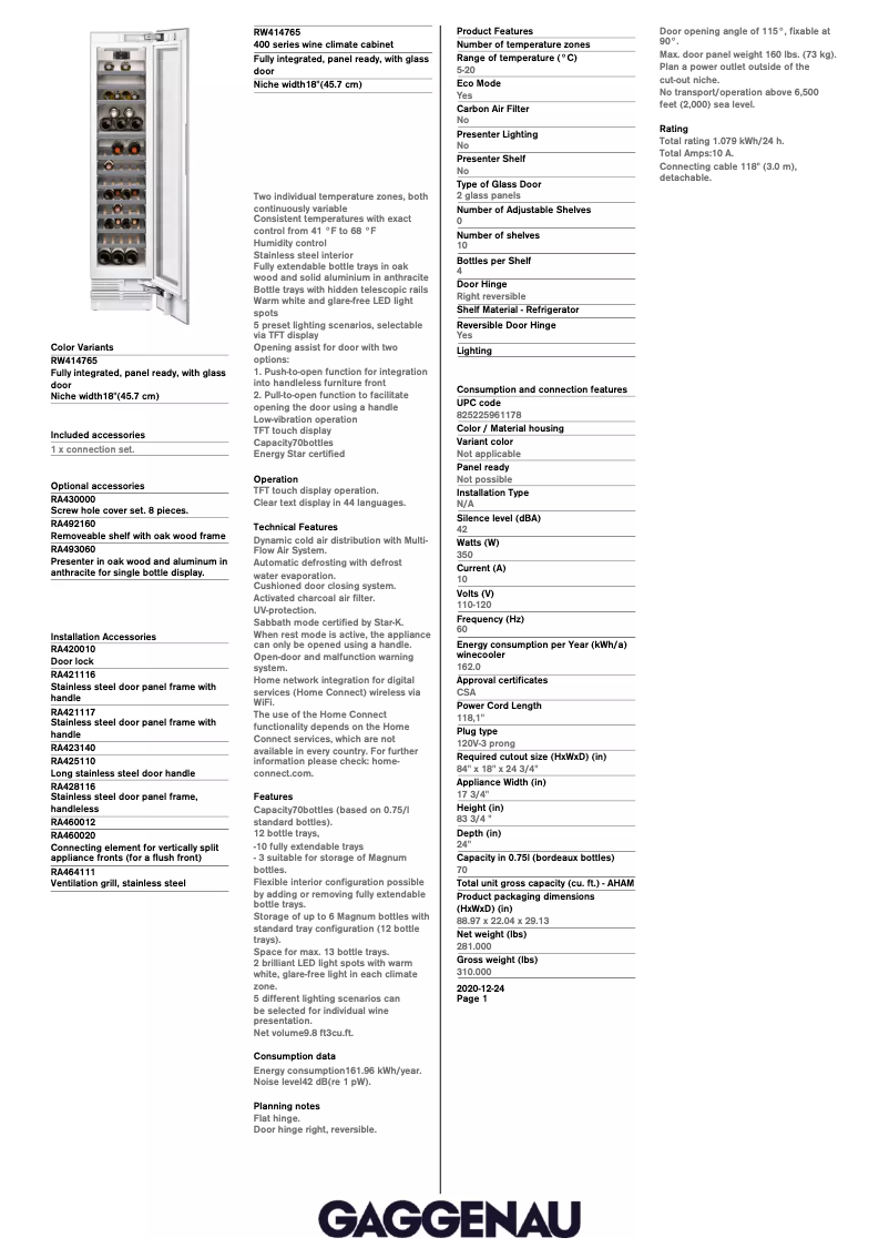 Page 1 de la notice Fiche technique Gaggenau RW414765