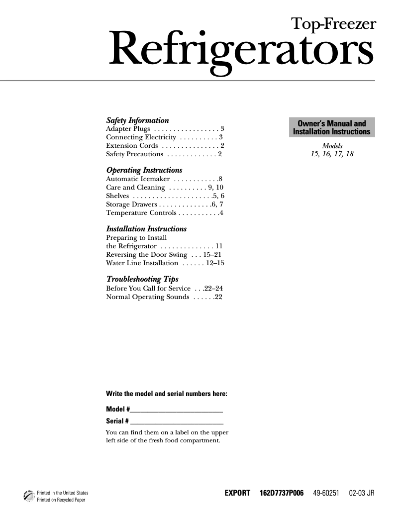Page 1 de la notice Manuel d'utilisation et d'entretien GE GTT18HBMWW