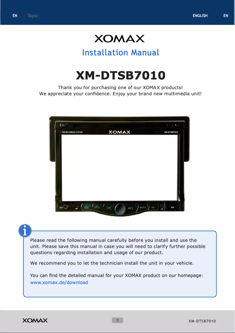 Page 1 de la notice Manuel utilisateur Xomax XM-DTSB7010