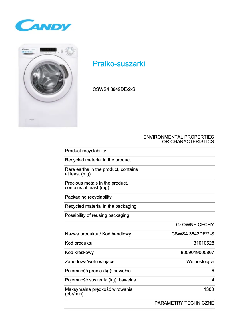 Page 1 de la notice Fiche technique Candy CSWS4 3642DE/2-S