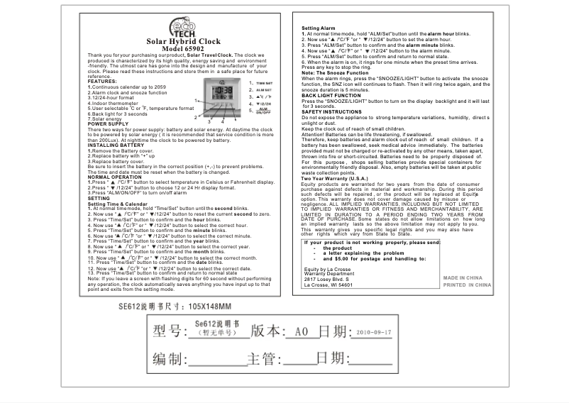 Page 1 de la notice Manuel utilisateur La Crosse Technology 65902