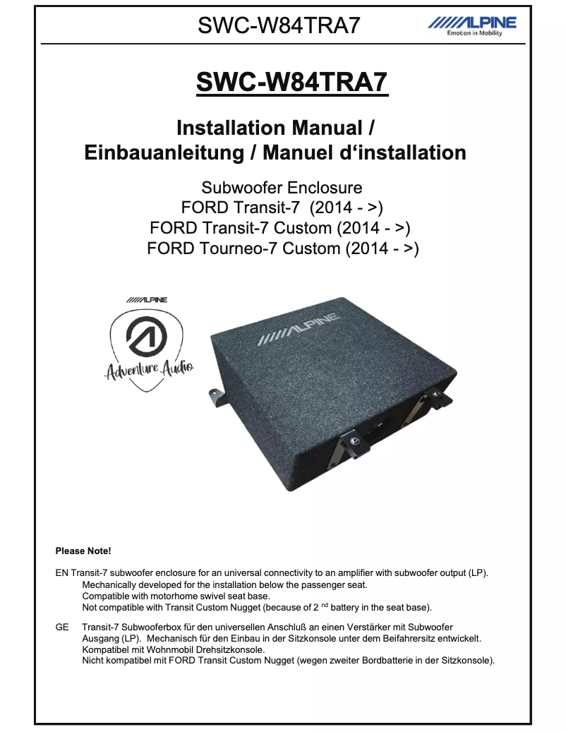 Image de la première page du manuel de l'appareil SWC-W84TRA7