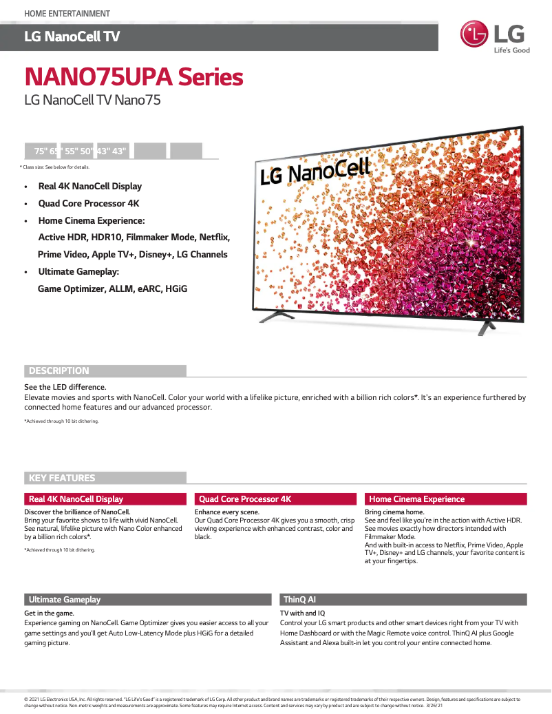 Page 1 of the manual Technical Sheet LG 75NANO75UPA