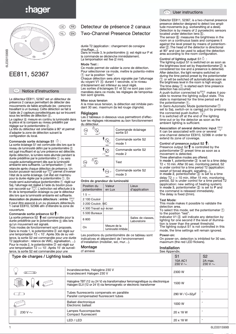 Page n°1 - Manuel utilisateur Hager EE811