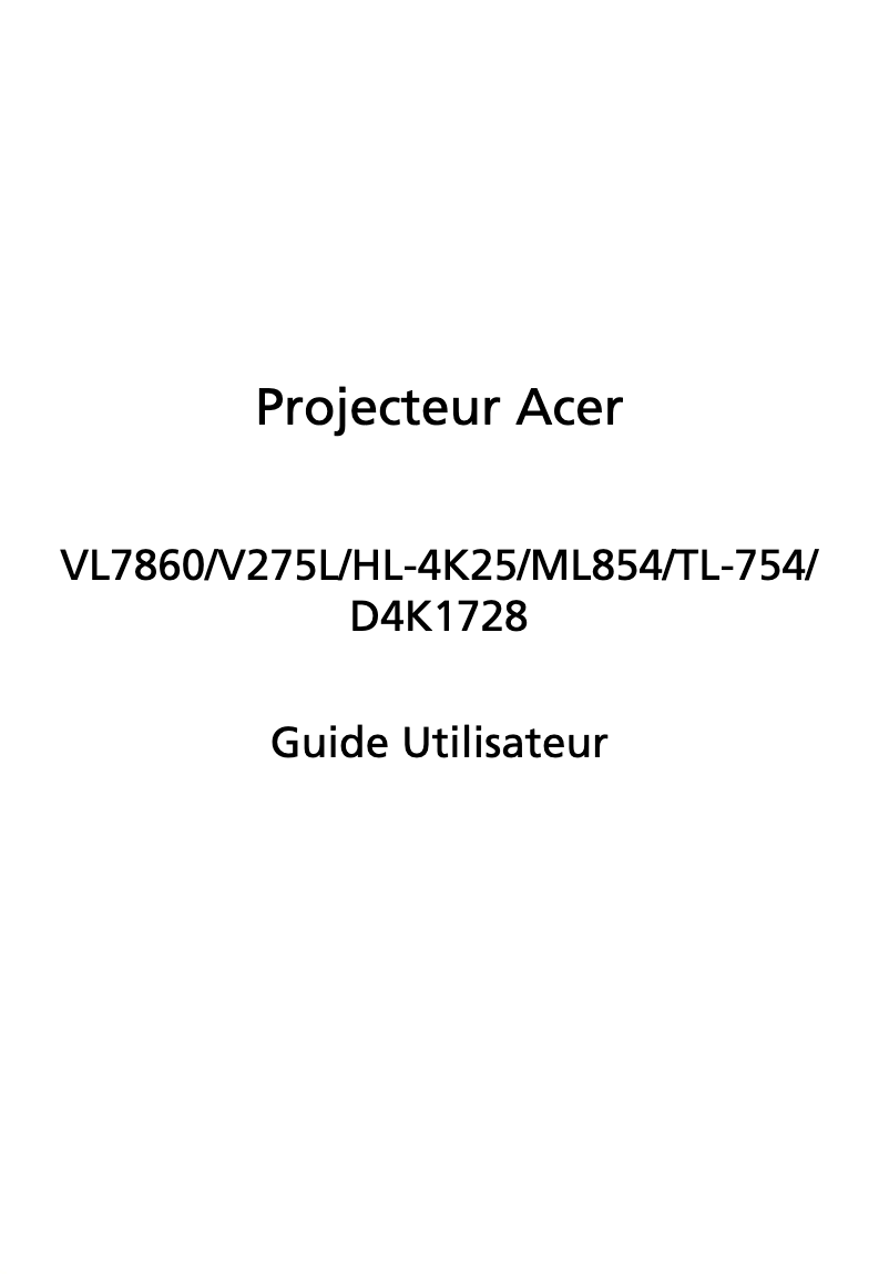 Page 1 de la notice Manuel utilisateur Acer VL7860