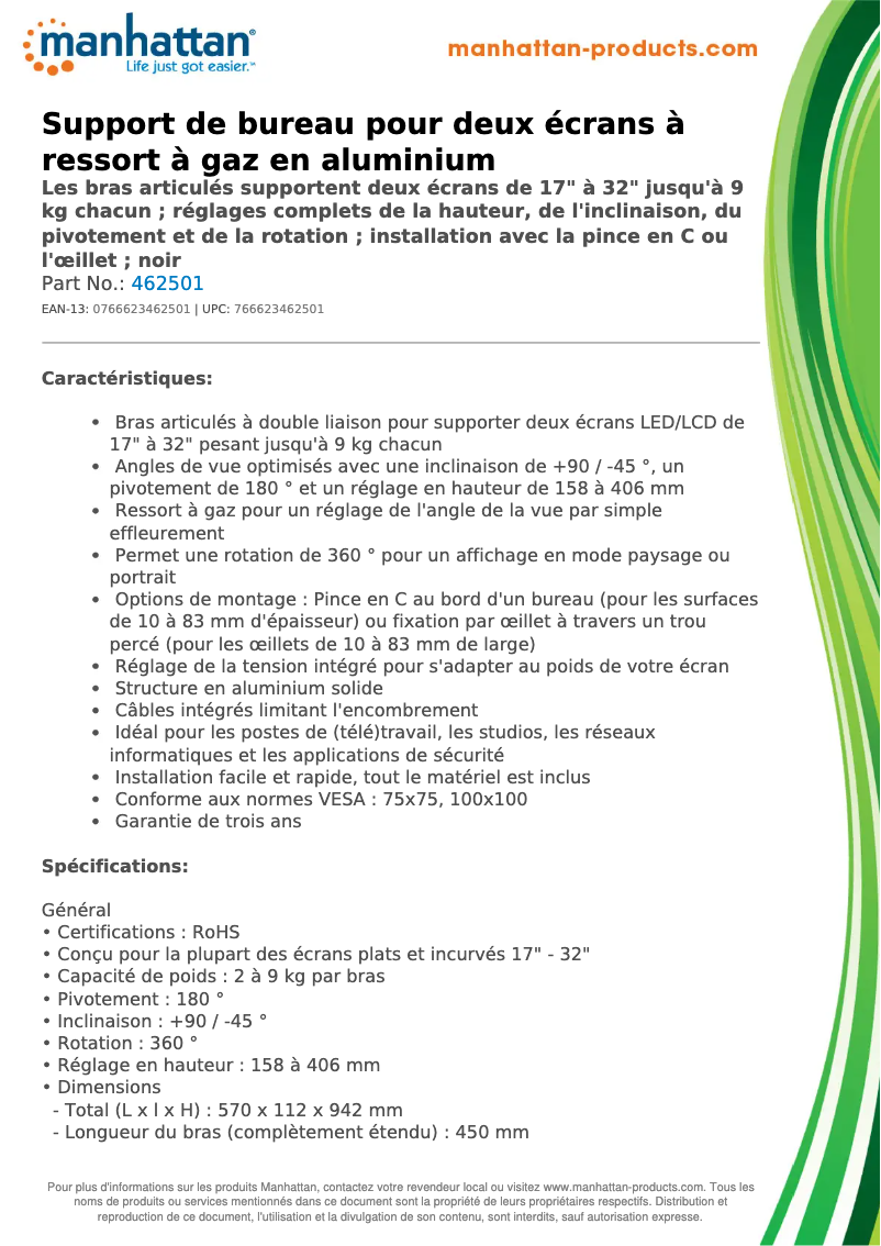 Page 1 de la notice Fiche technique Manhattan 462501