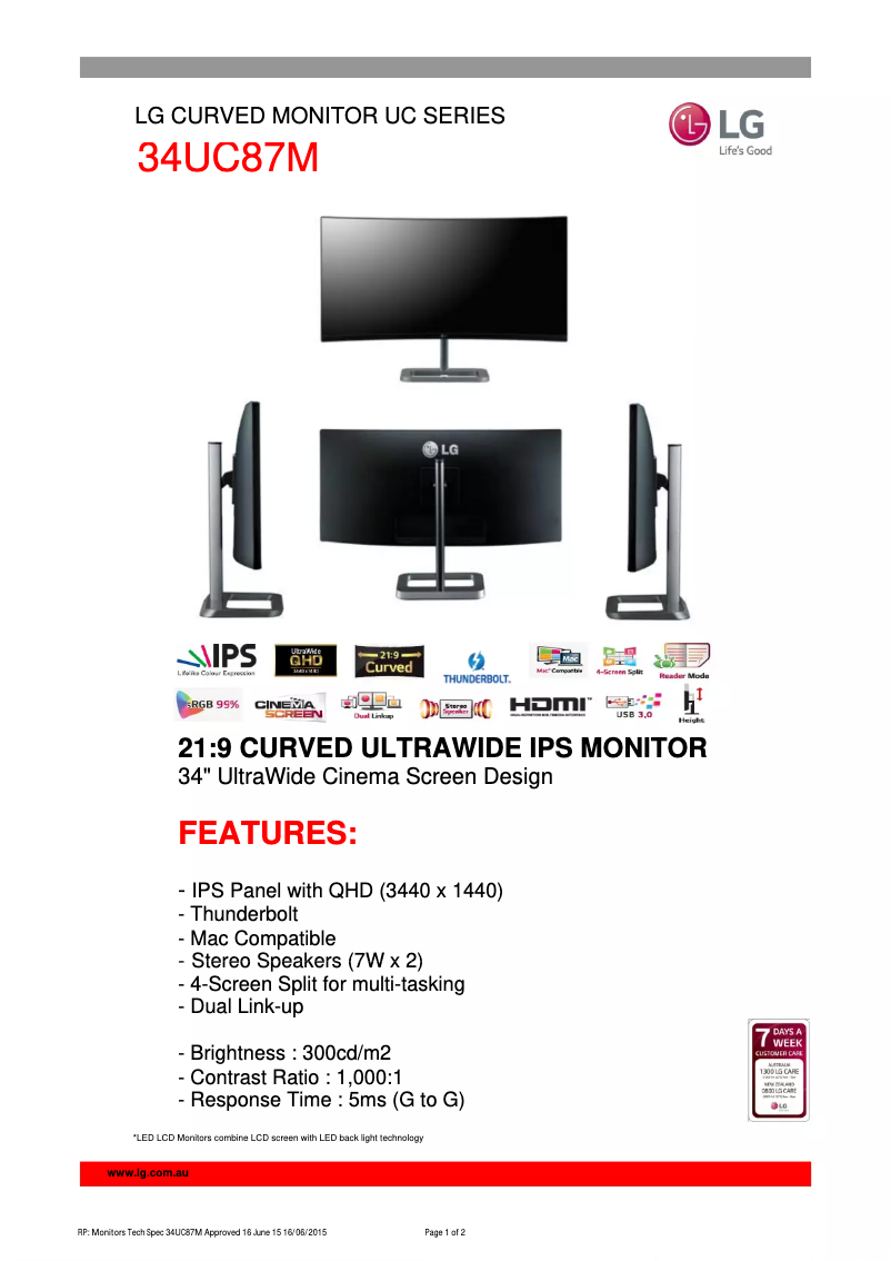 Page n°1 - Fiche technique LG 34UC87M