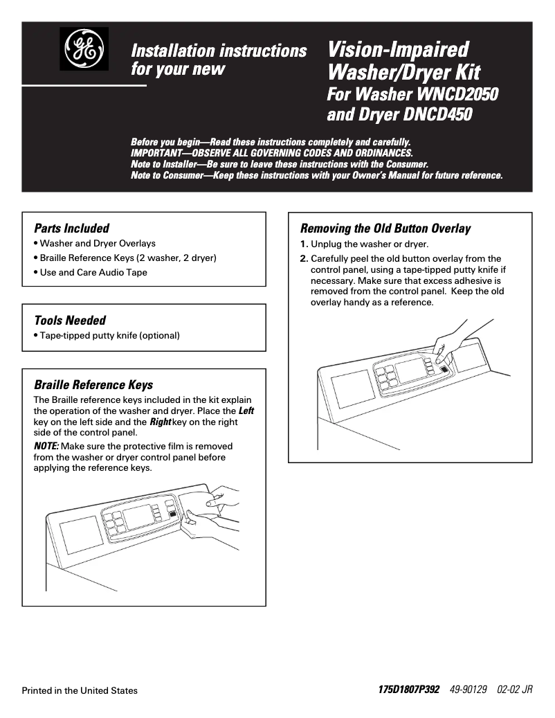 Page n°1 - Guide d'installation GE DNCD450EAWC