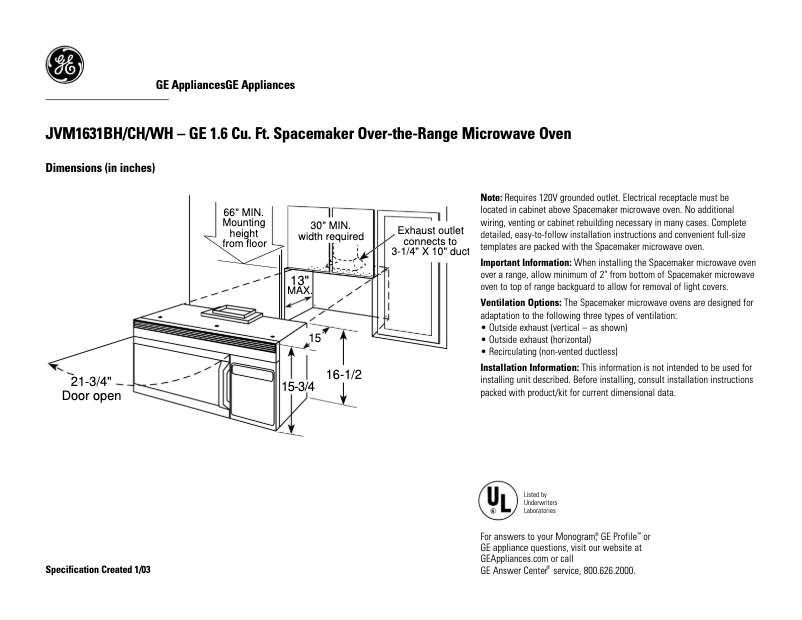 Page 1 de la notice Fiche technique GE JVM1631BH