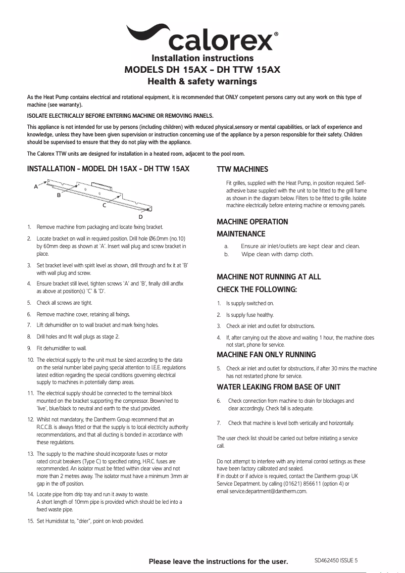 Page n°1 - Manuel utilisateur Calorex DH 15