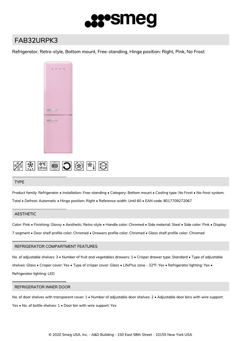 Page 1 de la notice Fiche technique Smeg FAB32URPK3