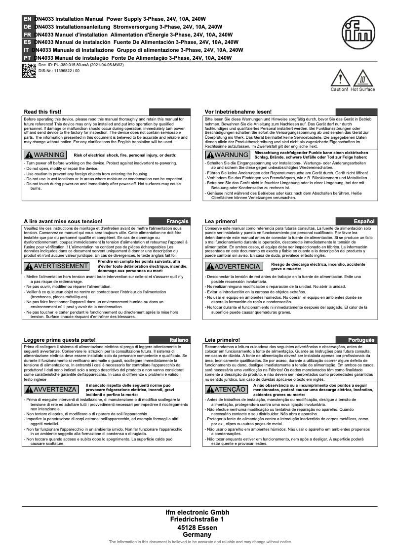 Page 1 de la notice Manuel utilisateur IFM DN4033